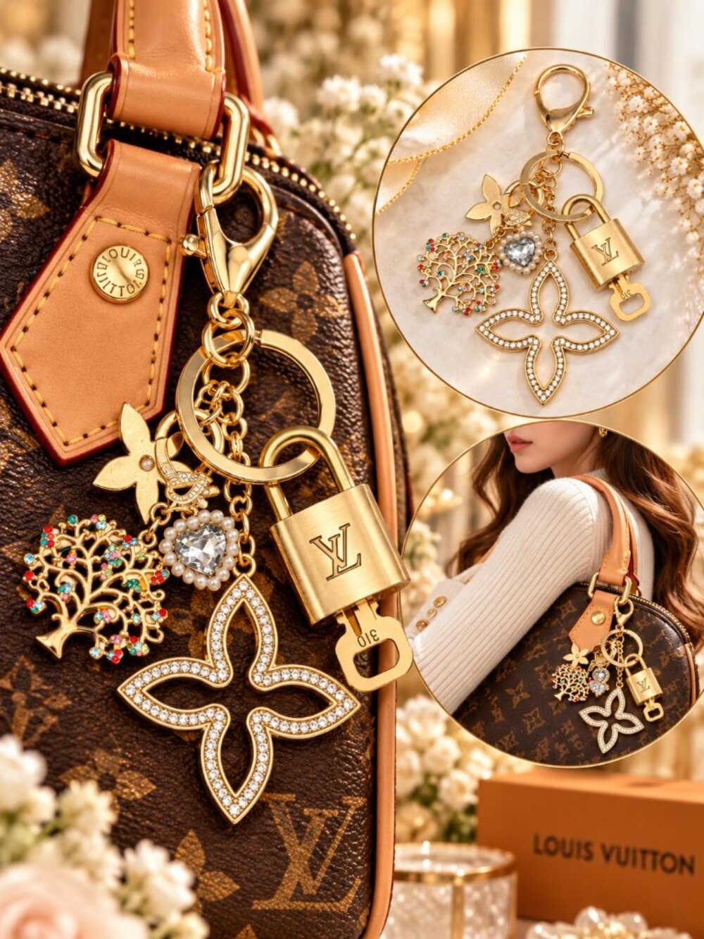 Authentic Louis Vuitton Gold Lock 🔒Unbranded Flower Keychain Bag Charm LV